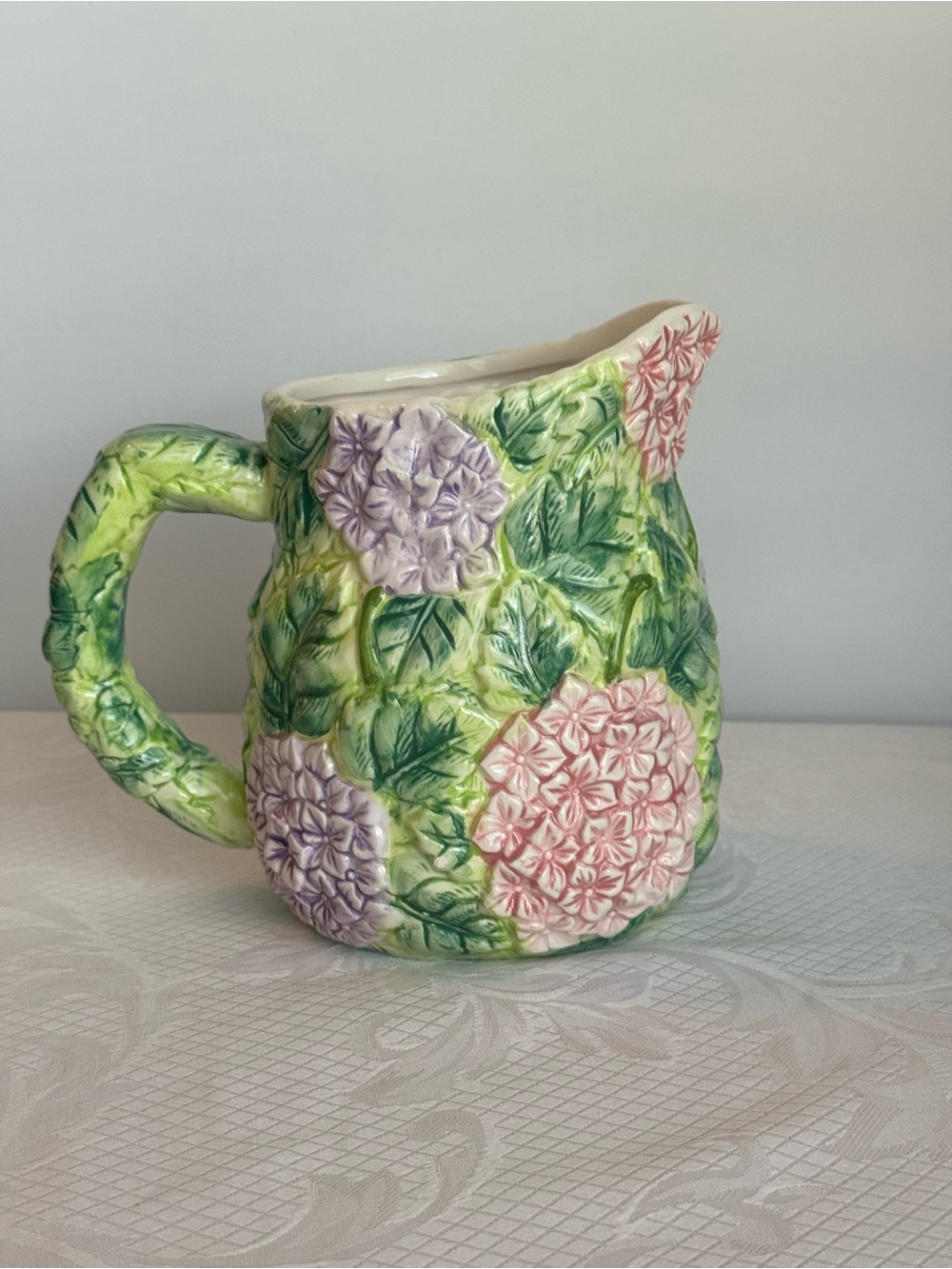 Embossed Floral Hydrangea Ceramic Pitcher - Pink & Lavender